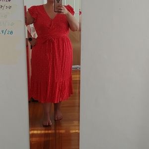 Red polka dot midi dress